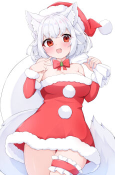 1girl :d animal_ear_fluff animal_ears bare_shoulders blush bow bowtie breasts christmas cleavage commentary_request cowboy_shot detached_collar detached_sleeves dress fang frilled_thigh_strap fur-trimmed_dress fur-trimmed_headwear fur-trimmed_sleeves fur_trim hat holding holding_sack inubashiri_momiji large_breasts long_sleeves looking_at_viewer open_mouth red_bow red_bowtie red_dress red_eyes red_hat red_sleeves rururiaru sack santa_costume santa_dress santa_hat short_hair simple_background smile solo strapless strapless_dress tail thigh_strap touhou white_background white_hair wolf_ears wolf_girl wolf_tail