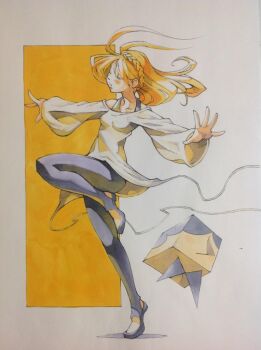 1girl antenna_hair black_pantyhose black_shoes blonde_hair braid closed_eyes closed_mouth commentary_request crown_braid full_body leg_up medium_hair original outstretched_arms pantyhose peter_salt shirt shoes solo spread_arms standing standing_on_one_leg stirrup_legwear tiptoes toeless_legwear traditional_media white_shirt wide_sleeves