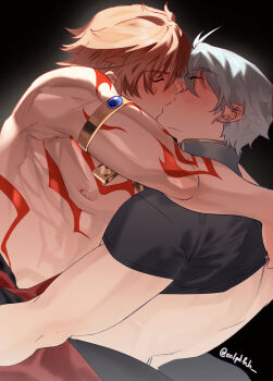 Rule 34 | 2boys, arm tattoo, armlet, black background, black shirt, blonde hair, blue gemstone, blush, cclpdkh, chest tattoo, closed eyes, clothes lift, gem, grey hair, hashtag-only commentary, highres, honkai: star rail, honkai (series), jewelry, kiss, male focus, multiple boys, mydei (honkai: star rail), nipples, pectorals, phainon (honkai: star rail), red tattoo, shirt, shirt lift, short hair, short sleeves, simple background, tattoo, topless male, twitter username, yaoi