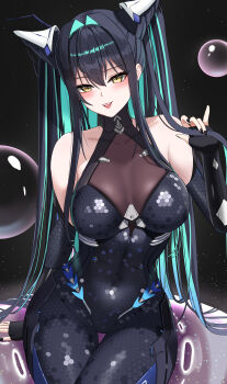 1girl absurdres aqua_hair black_background black_dress black_gloves black_hair blush breasts bubble collarbone commentary_request covered_navel dress elbow_gloves gloves goddess_of_victory:_nikke hair_between_eyes hair_ornament highres little_mermaid_(nikke) long_hair looking_at_viewer medium_breasts multicolored_hair open_mouth s_redbutterfly sidelocks sitting smile solo streaked_hair teeth two-tone_hair upper_teeth_only very_long_hair yellow_eyes