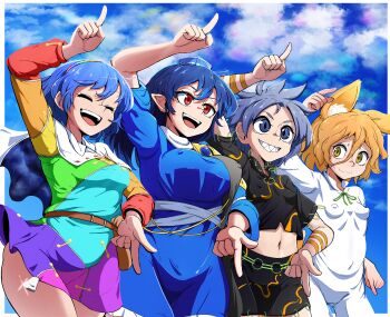 4girls animal_ears blonde_hair blue_hair blush breasts closed_eyes closed_mouth commentary_request covered_erect_nipples covered_navel epic_armageddon fox_ears fox_girl grin highres himemushi_momoyo iizunamaru_megumu kudamaki_tsukasa large_breasts long_hair multiple_girls navel open_mouth pointing pointy_ears red_eyes sharp_teeth short_hair sky small_breasts smile teeth tenkyuu_chimata touhou yellow_eyes