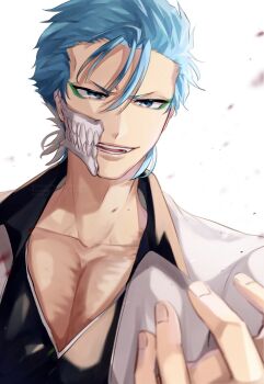 1046sstep_btoh 1boy bleach blue_eyes blue_hair broken_mask commentary_request eyeliner facial_scar green_eyeliner grimmjow_jaegerjaquez highres jacket makeup male_focus mask open_hand open_mouth pectoral_cleavage pectorals scar scar_on_cheek scar_on_face smile solo upper_body white_jacket