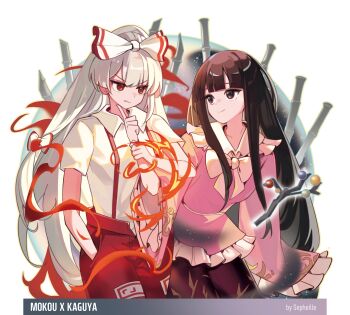 2girls artist_name bamboo black_hair blunt_bangs bow branch character_name commentary creenoy fire floating floating_object frilled_sailor_collar frilled_sleeves frills fujiwara_no_mokou hair_bow hand_in_pocket highres hime_cut holding_another&#039;s_wrist houraisan_kaguya jeweled_branch_of_hourai long_hair looking_at_another multiple_girls pants pink_shirt red_pants sailor_collar shirt sidelocks smile straight_hair suspender_pants touhou v-shaped_eyebrows very_long_hair white_bow white_hair white_sailor_collar white_shirt wide_sleeves
