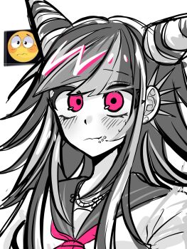 Rule 34 | 1girl, blush, danganronpa (series), danganronpa 2: goodbye despair, ear piercing, emoji, face piercing, grey shirt, hair horns, haiyang shengwu, highres, long hair, mioda ibuki, mouth piercing, multicolored hair, neckerchief, piercing, pink eyes, pink neckerchief, sailor collar, shirt, solo