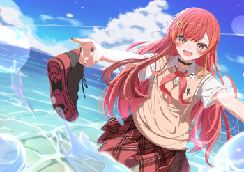 1girl black_shoes blue_sky bule_blue_2 cloud cloudy_sky collared_shirt commentary_request hair_ornament highres holding holding_shoes holding_unworn_clothes long_hair looking_at_viewer nekota_tsuna open_mouth orange_eyes outdoors red_hair red_skirt school_uniform shirt shoes skirt sky smile sneakers sweater_vest unworn_shoes virtual_youtuber vspo!