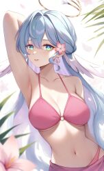 Rule 34 | 1girl, absurdres, aqua eyes, arm up, armpit crease, armpits, bikini, blue hair, breasts, cleavage, collarbone, commentary, earrings, english commentary, flower, hair between eyes, hair intakes, halo, head wings, highres, honkai: star rail, honkai (series), jewel under eye, jewelry, large breasts, long hair, looking at viewer, narijade, navel, parted lips, pink bikini, presenting armpit, robin (honkai: star rail), sidelocks, solo, stomach, swimsuit, upper body, white background, wings