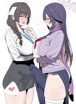 1futa 1girl absurdres animal_ears black_hair black_skirt blue_archive blush breasts bulge cardigan closed_eyes closed_mouth erection erection_under_clothes female_sensei_(blue_archive) from_side futanari halo heart highres large_breasts long_hair long_sleeves open_mouth paper_on_head purple_cardigan purple_hair purple_halo sensei_(blue_archive) shirt simple_background skirt smile spoken_heart tsukuyo_(blue_archive) white_background white_shirt xipa