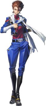 belt black_boots blue_jacket boots brown_hair code_geass code_geass:_boukoku_no_akito code_geass:_genesic_re;code full_body green_eyes highres holding jacket long_hair looking_at_viewer male_focus official_art sayama_ryou short_hair simple_background solo teeth transparent_background