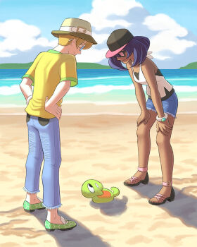 Rule 34 | 1boy, 1girl, baseball cap, beach, blonde hair, blue sky, dark-skinned female, dark skin, denim, denim shorts, dexio (pokemon), effie lealand, gen 6 pokemon, green footwear, hands on own hips, hat, highres, legendary pokemon, looking at another, looking down, mega ring, nintendo, ocean, pokemon, pokemon (creature), pokemon sm, purple hair, sandals, shirt, shorts, sina (pokemon), sky, smile, standing, sunglasses, sweat, yellow shirt, zygarde, zygarde core