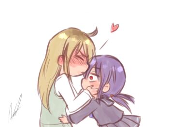 Rule 34 | 2girls, ahoge, aosora (mizore), black serafuku, black shirt, black skirt, blonde hair, blue bow, blue bowtie, blush, bow, bowtie, breasts, closed eyes, closed mouth, commentary request, covered mouth, empty eyes, from side, green sweater vest, hair between eyes, hands on another's face, hands up, hayano yuuki, heart, kiss, kissing forehead, long hair, long sleeves, low twintails, medium breasts, multiple girls, original, pleated skirt, purple hair, red eyes, sailor collar, school uniform, serafuku, shirt, shy, sidelocks, signature, simple background, skirt, sweater vest, twintails, upper body, v-shaped eyebrows, white background, white shirt, wide-eyed, yazaki shiori, yuri