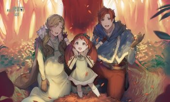 1boy 2girls alternate_costume alternate_hairstyle blonde_hair blue_capelet brown_gloves capelet closed_eyes dress family father_and_daughter fire_emblem fire_emblem:_three_houses forehead forest gloves grass green_dress green_eyes hair_over_shoulder hand_on_own_stomach happy highres husband_and_wife if_they_mated ingrid_brandl_galatea ingrid_brandl_galatea_(timeskip) kneehighs kneeling long_sleeves mother_and_daughter multiple_girls nature nintendo orange_hair orange_pants pants ponytail pregnant second-party_source socks standing sylvain_jose_gautier sylvain_jose_gautier_(timeskip) tree velahka white_socks