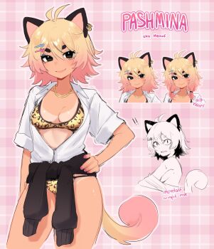 ! !! <|>_<|> 1girl animal_ear_piercing animal_ears animal_print antenna_hair arm_at_side bikini bikini_under_clothes black_eyes black_jacket blonde_hair breasts cat_ears cat_girl cat_tail character_name clothes_around_waist commentary english_commentary english_text gyaru hair_between_eyes hair_ornament hairclip hand_on_own_hip highres jacket jacket_around_waist jewelry kogal leopard_print leopard_print_bikini low_twintails medium_breasts medium_hair mole mole_on_armpit multiple_views nail_polish necklace no_pants nyaivie open_clothes open_shirt original pink_background pink_nails print_bikini shirt short_hair short_sleeves simple_background smile swimsuit tail tan tanline twintails undressing white_shirt