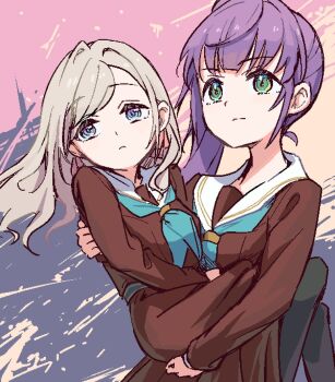 Rule 34 | 2girls, aqua neckerchief, black pantyhose, blue eyes, brown dress, carrying, ceras yanagida lilienfeld, closed mouth, commentary request, dress, frown, green eyes, grey hair, hair ribbon, hasu no sora school uniform, highres, lao ren xing, link! like! love live!, lone nape hair, long sleeves, looking ahead, love live!, medium dress, multiple girls, neckerchief, otomune kozue, pantyhose, pink background, pink ribbon, princess carry, purple hair, ribbon, sailor collar, sailor dress, school uniform, side ponytail, virtual youtuber, white sailor collar, winter uniform