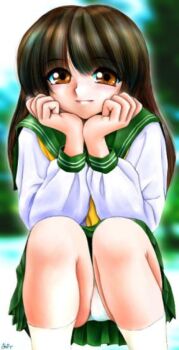 1girl artist_request blush brown_eyes brown_hair character_request copyright_request green_skirt head_rest long_hair long_sleeves looking_at_viewer neckerchief panties school_uniform shirt skirt sky smile socks squatting tree underwear white_panties white_shirt white_socks yellow_neckerchief