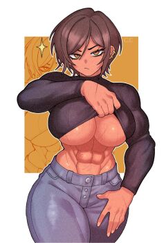 1girl abs black_shirt breasts brown_hair champchidi clothes_lift commentary compression_shirt cowboy_shot dark-skinned_female dark_skin denim ear_piercing english_commentary frown hand_up highres huge_breasts jeans lifting_own_clothes limbus_company long_sleeves looking_at_viewer multiple_piercings muscular muscular_female navel outis_(project_moon) pants piercing project_moon scar scar_on_breasts scar_on_stomach scars_all_over shirt shirt_lift short_hair skin_tight solo thick_thighs thighs too_many underboob