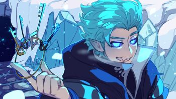 1boy animification artist_name blue_eyes blue_hair blue_sclera blue_theme blush coat colored_sclera commentary devilart2199-aibi english_commentary grin hermitcraft highres key keyring looking_at_viewer male_focus minecraft_youtube official_alternate_costume official_alternate_eye_color official_alternate_hair_color outdoors pointy_ears sharp_teeth short_hair smile snow solo tangotek tangotek_(deepfrost_dungeon_master) teeth