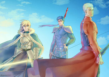 1girl 2boys ahoge archer_(fate) armor armored_dress artoria_pendragon_(fate) blonde_hair blue_bodysuit blue_cape blue_eyes blue_hair bodysuit bow_(weapon) braid breastplate cape coat commentary_request covered_abs covered_pectorals cu_chulainn_(fate) cu_chulainn_(fate/stay_night) cu_chulainn_(lancer)_(fate) dress earrings excalibur_(fate/stay_night) fate/stay_night fate_(series) frown fur-trimmed_coat fur_trim gae_bolg_(fate) gavial2021 green_eyes hand_on_own_hip highres holding holding_bow_(weapon) holding_polearm holding_sword holding_weapon jewelry korean_commentary multiple_boys pectorals polearm red_eyes red_skirt saber_(fate) serious shoulder_plates skirt spear sword v-shaped_eyebrows weapon white_hair yellow_eyes