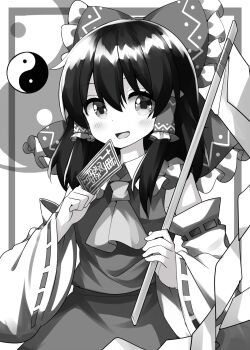 Rule 34 | 1girl, black hair, blush, detached sleeves, dress, frilled ribbon, frills, gohei, greyscale, hair between eyes, hair ribbon, hakurei reimu, highres, holding, holding gohei, long hair, looking at viewer, monochrome, open mouth, ribbon, ruu (tksymkw), sleeveless, sleeveless dress, smile, solo, touhou, yin yang