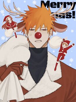 1girl 2boys absurdres angry animal_costume antlers bleach blue_background boots brown_coat brown_eyes brown_gloves brown_hair capelet chibi chibi_inset child coat commentary_request couple family father_and_son fur-trimmed_capelet fur-trimmed_coat fur_trim gloves grin hair_between_eyes hat hetero highres holding holding_sack horns husband_and_wife inoue_orihime kurosaki_ichigo kurosaki_kazui long_hair merry_christmas momo_ka1010 mother_and_son multiple_boys orange_hair pants parted_lips red_boots red_capelet red_nose red_pants reindeer_antlers reindeer_costume sack santa_hat short_hair smile snowflakes snowing spiked_hair