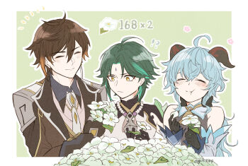 Rule 34 | 1girl, 2boys, blush, chewing, eating, eating flower, flower, ganyu (genshin impact), genshin impact, gils3105, image sample, multiple boys, pixiv, pixiv sample, qingxin flower, xiao (genshin impact), zhongli (genshin impact)
