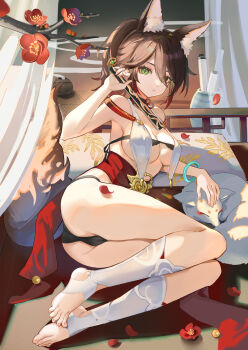 1girl alternate_costume animal animal_ear_fluff animal_ears armpits ass bare_shoulders black_choker black_panties branch breast_curtains breasts brown_hair chinese_commentary choker cleavage closed_mouth commentary_request expressionless folding_fan fox fox_ears fox_girl fox_tail gradient_hair green_eyes hair_between_eyes hand_fan hand_up highres holding honkai:_star_rail honkai_(series) kneehighs large_breasts long_hair looking_at_viewer lying multicolored_hair on_side panties ponytail reclining rero_(bigdoorbig2) socks solo stirrup_legwear tail thighs tingyun_(harmony)_(honkai:_star_rail) tingyun_(honkai:_star_rail) toeless_legwear toes underwear white_socks