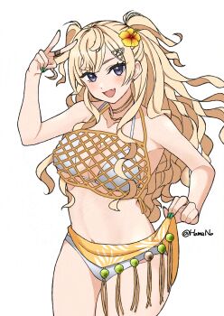 1girl absurdres bikini blonde_hair breasts clothes_lift flower grey_eyes hair_flower hair_ornament hamuno highres kantai_collection large_breasts long_hair looking_at_viewer mesh minneapolis_(kancolle) minneapolis_(swimsuit)_(kancolle) net official_alternate_costume orange_sarong sarong sarong_lift simple_background smile solo swimsuit twitter_username two_side_up v white_background white_bikini