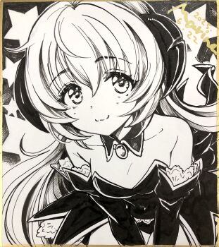 1girl bare_shoulders breasts closed_mouth commentary_request cowboy_shot dated detached_collar detached_sleeves greyscale hair_between_eyes hanyuu highres higurashi_no_naku_koro_ni horns leotard long_hair long_sleeves looking_at_viewer marine_(confeitokobo) medium_breasts monochrome shikishi signature smile solo star_(symbol) strapless strapless_leotard traditional_media