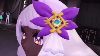 2girls animated ascot aura clefable dark-skinned_female dark_skin dress fascinator frilled_ascot frills gen_1_pokemon gloves hands_up indoors jacinthe_(pokemon) juliet_sleeves kiddo_salty long_hair long_sleeves looking_at_viewer low_drills mega_stone multiple_girls nintendo one_eye_closed open_mouth outline pokemon pokemon_legends:_z-a puffy_sleeves purple_dress purple_eyes purple_gloves purple_hair ryona smile sparkle standing tagme very_dark_skin video wide_hips wink