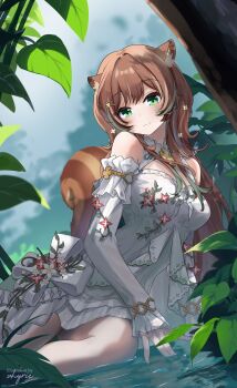 1girl animal_ears ayunda_risu blush breasts brown_hair commentary dress green_eyes hair_ornament hashtag-only_commentary highres hololive hololive_indonesia long_hair looking_at_viewer neru_(vhyrie) smile squirrel_ears squirrel_girl squirrel_tail tail virtual_youtuber white_dress