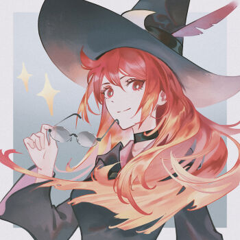 Rule 34 | 1girl, black-framed eyewear, black choker, black hat, black ribbon, black robe, border, breasts, bright pupils, chinese commentary, choker, closed mouth, commentary request, glasses, gradient background, grey background, hair between eyes, hat, hat feather, hat ribbon, holding, holding removed eyewear, little witch academia, long hair, long sleeves, looking at viewer, medium breasts, ombre, outside border, red eyes, red hair, ribbon, rimless eyewear, robe, shiny chariot, smile, solo, sparkle, unworn eyewear, upper body, white border, white pupils, witch, witch hat