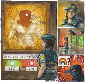 1girl beret bird blue_hat blue_pants blue_shirt commentary crow emphasis_lines english_commentary hat highres jill_valentine painting_(object) pants red_eyes resident_evil resident_evil_1 rhiannon_kagoe shirt shoulder_pads sword weapon