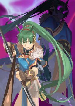 2girls absurdres animal_ears arrow_(projectile) aura blue_dress bow_(weapon) breasts brown_gloves centaur commentary dark_aura dark_persona dress dual_persona ear_covers fingerless_gloves fire_emblem fire_emblem:_the_blazing_blade fire_emblem_heroes fire_emblem_shadows fur_trim gloves glowing glowing_eyes green_eyes green_fur green_hair grin hair_between_eyes hairband high_ponytail highres holding holding_arrow holding_bow_(weapon) holding_weapon horse_ears horse_girl kucheat_zg long_hair looking_at_viewer lyn_(fire_emblem) lyn_(plains_wind)_(fire_emblem) medium_breasts monster_girl monsterification multiple_girls multiple_legs nintendo pelvic_curtain ponytail purple_background purple_eyes quiver red_hairband revision short_sleeves sidelocks smile standing standing_on_three_legs tassel taur very_long_hair weapon