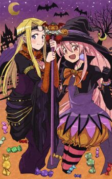 2girls arche_klein blonde_hair blue_eyes bracelet breasts candy cleavage closed_mouth commentary_request crescent_moon elbow_gloves food full_body gloves halloween halloween_costume hat highres jewelry long_hair looking_at_viewer mint_adenade moon multiple_girls open_mouth pink_eyes pink_hair smile tales_of_(series) tales_of_phantasia toraneko witch_hat