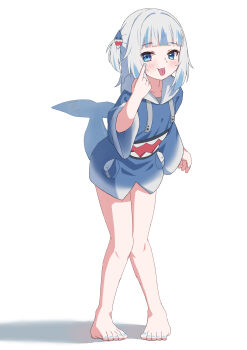 1girl :p absurdres akanbe animal_costume bare_legs barefoot blue_eyes blue_hair blue_hoodie blue_nails blunt_bangs blush commentary eyelid_pull feet fins fish_tail full_body gawr_gura gawr_gura_(1st_costume) hair_ornament highres hololive hololive_english hood hood_down hoodie hsh knees_together_feet_apart leaning_forward legs long_sleeves looking_at_viewer medium_hair multicolored_hair nail_polish shadow shark_costume shark_girl shark_hair_ornament shark_tail simple_background solo standing streaked_hair tail toenail_polish toenails toes tongue tongue_out virtual_youtuber white_background white_hair wide_sleeves