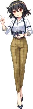 Rule 34 | 1girl, alternate costume, black hair, black shoes, brown pants, camera, camera around neck, closed mouth, collared shirt, contemporary, full body, game asset, hair between eyes, highres, long sleeves, looking at viewer, medium hair, missing headwear, missing wings, official art, pants, plaid clothes, plaid pants, red eyes, rotte (1109), shameimaru aya, shirt, shoes, simple background, smile, solo, third-party source, touhou, touhou lostword, transparent background, white shirt