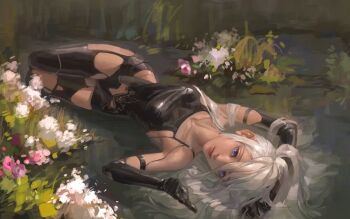 1girl a2_(nier:automata) android arm_behind_head artist_request bare_shoulders black_dress black_gloves black_shorts black_thighhighs blue_eyes breasts closed_mouth collarbone dress elbow_gloves flower full_body gloves highres joints long_hair looking_at_viewer lying lying_on_water medium_breasts mole mole_under_mouth nier:automata nier_(series) nose on_back pink_flower robot_joints shallow_water shorts solo thighhighs torn_clothes torn_dress torn_thighhighs water white_flower white_hair