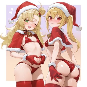2girls ;d absurdres ass bell bikini black_choker blonde_hair blush border breasts capelet choker commentary covered_erect_nipples english_commentary fur_trim gloves green_eyes hair_bun hat heart heart_hands highres jingle_bell luciana_de_montefio micro_bikini multiple_girls navel one_eye_closed open_mouth piper_wheel red_bikini red_eyes red_gloves red_thighhighs santa_bikini santa_costume santa_hat side_ponytail single_hair_bun small_breasts smile stomach swimsuit thighhighs weimiaw white_border zenless_zone_zero