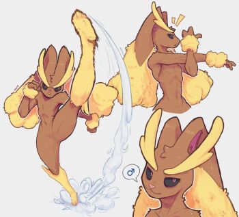 1boy :3 animal_nose artist_request ass black_sclera body_fur brown_fur clenched_hands colored_sclera curvy fewer_digits furry furry_male gen_4_pokemon groin highres kicking long_animal_ears looking_at_viewer lopunny multiple_views navel nintendo open_mouth pokemon pokemon_(creature) rabbit_ears rabbit_girl rabbit_tail red_eyes simple_background smile solo standing standing_on_one_leg tail thighs trap two-tone_fur white_background wide_hips yellow_fur