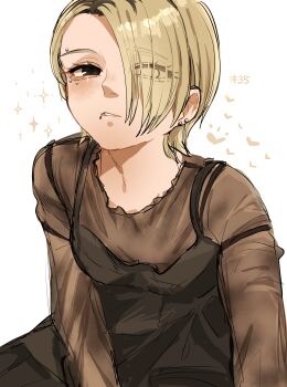 1girl absurdres aegyo_sal anti-eyebrow_piercing black_camisole blonde_hair breasts brown_shirt camisole ear_piercing eye_piercing face_piercing hair_over_one_eye highres koucha_(pankeki_koucha) lip_piercing lip_ring long_bangs long_sleeves original piercing shirt short_hair simple_background small_breasts tomboy