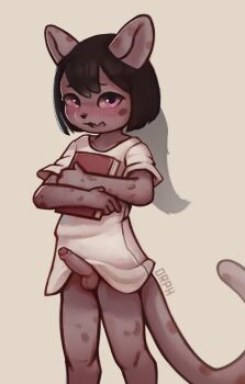 1boy animal_ears black_hair blush book bottomless cat_boy cat_ears cat_tail erection fang furry furry_male holding holding_book looking_at_viewer male_focus open_mouth original orphira penis purple_eyes shirt short_hair shota simple_background solo standing tail testicles uncensored white_shirt