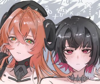 2girls black_hair black_hat black_horns blush closed_mouth collar collarbone colored_inner_hair commentary_request crossed_bangs curled_horns ellen_joe green_eyes grey_background hair_between_eyes half-closed_eyes hand_in_own_hair hand_up hat horns long_hair looking_at_viewer metal_collar mole mole_under_eye multicolored_hair multiple_girls oekaki_2525niko orange_hair orange_pupils orphie_magnusson pointy_ears portrait red_eyes shark_girl short_hair signature two-tone_background white_background zenless_zone_zero