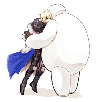 1boy armor baymax big_hero_6 black_armor black_fur blonde_hair blue_cape cape commentary_request crossover dimitri_alexandre_blaiddyd dimitri_alexandre_blaiddyd_(timeskip) disney dosukoi_daishogun eyepatch fire_emblem fire_emblem:_three_houses full_body hand_on_another&#039;s_neck highres hug looking_ahead male_focus nintendo one_eye_covered robot shadow simple_background tiptoes white_background white_fur