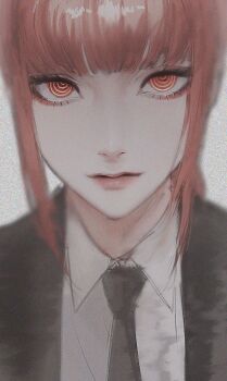 1girl black_jacket black_necktie black_suit blunt_bangs blurry chainsaw_man closed_mouth collared_shirt commentary depth_of_field dress_shirt expressionless eyelashes formal_clothes highres jacket lips looking_at_viewer makima_(chainsaw_man) medium_hair necktie portrait red_eyes red_hair ringed_eyes shirt sidelocks sira_julyspring solo static suit white_shirt