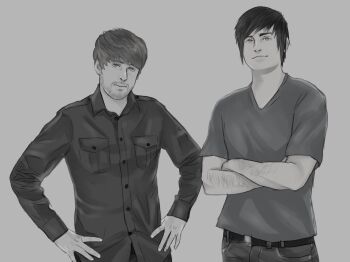 2015 anthony_padilla beard belt black_hair bowl denim english_text facial_hair greyscale hands_on_own_hips ian_hecox jeans kanagiri male_focus monochrome pants real_life shirt smosh spiked_hair white_background youtube