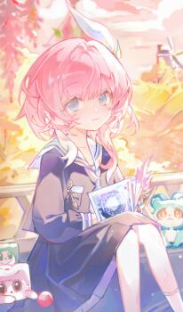 1girl absurdres alternate_costume baiqian741 blue_serafuku blue_skirt book breasts chimera_(honkai:_star_rail) chinese_commentary commentary_request cake_cat_(honkai:_star_rail) cyrene_(aedes_elysiae)_(honkai:_star_rail) cyrene_(honkai:_star_rail) hair_ornament highres holding holding_book holding_quill honkai:_star_rail honkai_(series) looking_at_viewer multicolored_hair on_bench open_book outdoors pink_hair pink_sky quill school_uniform serafuku skirt sky small_breasts two-tone_hair white_hair windmill