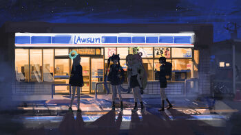 5girls absurdres ahoge animal_ears armband ayane_(blue_archive) bag bilibalakonglijiwa black_hair blazer blonde_hair blue_archive blue_armband blue_halo blue_scarf brand_name_imitation can cat_ears cat_girl checkered_clothes checkered_skirt commentary_request convenience_store foreclosure_task_force_(blue_archive) green_halo grey_hair halo highres holding holding_can hoshino_(blue_archive) id_card jacket lawson long_hair lying multiple_girls necktie night nonomi_(blue_archive) on_back one_eye_closed open_mouth outdoors pink_hair pink_halo pleated_skirt power_lines red_halo road scarf scenery school_uniform serika_(blue_archive) shiroko_(blue_archive) shirt shop short_hair shoulder_bag sidewalk skirt sky star_(sky) street twintails urban utility_pole white_shirt window_light wolf_ears wolf_girl