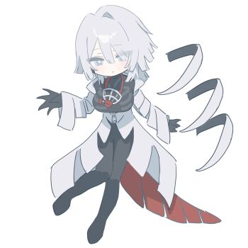 1girl absurdres black_pants blue_eyes breasts closed_mouth coat fake_claws faust_(project_moon) full_body highres large_breasts limbus_company looking_at_viewer mask mts098 oxygen_mask pants project_moon respirator short_hair simple_background solo standing thoracalgia_(e.g.o) white_background white_coat white_hair