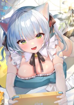1girl absurdres animal_ear_fluff animal_ears bell blue_hair blunt_bangs blush breasts cat_ears cat_tail commentary_request downblouse fang frills gloves green_eyes highres looking_at_viewer lying medium_breasts momongapoketto neck_bell on_stomach open_mouth original sweatdrop tail v-shaped_eyebrows white_gloves