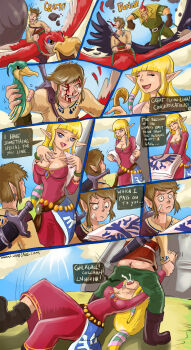 1girl 2boys bandages blonde_hair blood blue_sky boots breasts butt_crack cleavage cloud competition cum cum_in_mouth fellatio forced grabbing_another&#039;s_arm groose hetero highres injury irrumatio link loftwing multiple_boys nintendo oral panels pointy_ears princess princess_zelda punching rape sex shadman sky speech_bubble spoils sun the_legend_of_zelda the_legend_of_zelda:_skyward_sword therealshadman watermark web_address