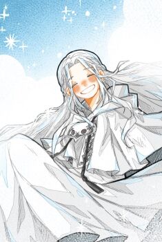 1girl blue_background braid capelet closed_eyes facing_viewer ff14_hc final_fantasy final_fantasy_xiv grin half_up_braid hood hood_down hooded_capelet long_hair mask mask_around_neck robe smile solo sophist&#039;s_robe_(ff14) sparkle unworn_mask venat_(ff14) white_capelet white_hair white_robe